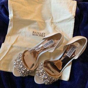 Badgley Mishka Hansen Satin Jeweled PeepToe Pumps